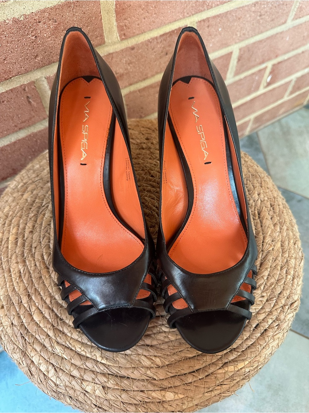 Via Spiga Black Leather Open-Toe Pumps with Orange Insole